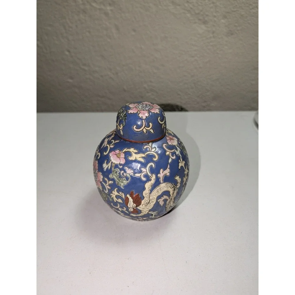 Vintage Ginger Jar Porcelain Floral Dragon Famille‎ Rose Asian China Spice Jar